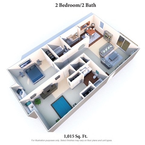 Floor plan for 2 beds, 2 baths, 1015 sqft